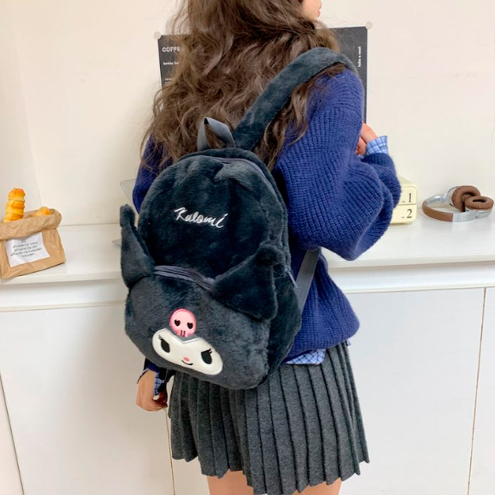 PLECAK KUROMI SZKOLNY PLECAK TOREBKA PLUSZAK PRZEDSZKOLNY HELLO KITTY MIĘKKI, PLUSZOWY SZARY 40×30 CM