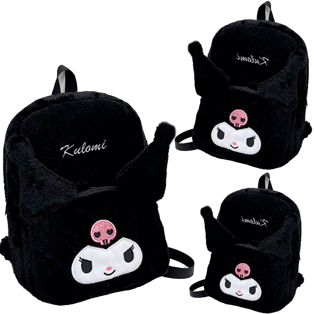 PLECAK KUROMI SZKOLNY PLECAK TOREBKA PLUSZAK PRZEDSZKOLNY HELLO KITTY MIĘKKI, PLUSZOWY CZARNY 40×30 CM