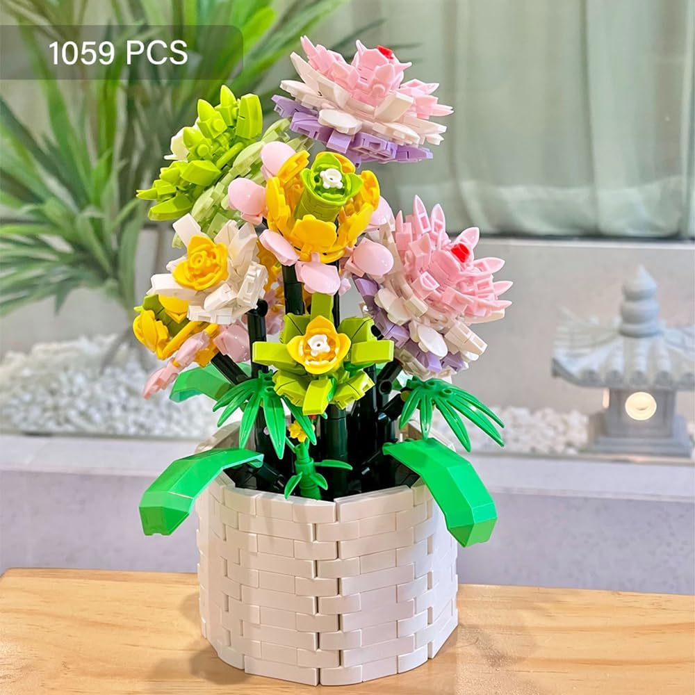 KLOCKI KWIATY W DONICZCE 1043 EL. ZESTAW DEKORACYJNY FLOWERS BONSAI PREZENT
