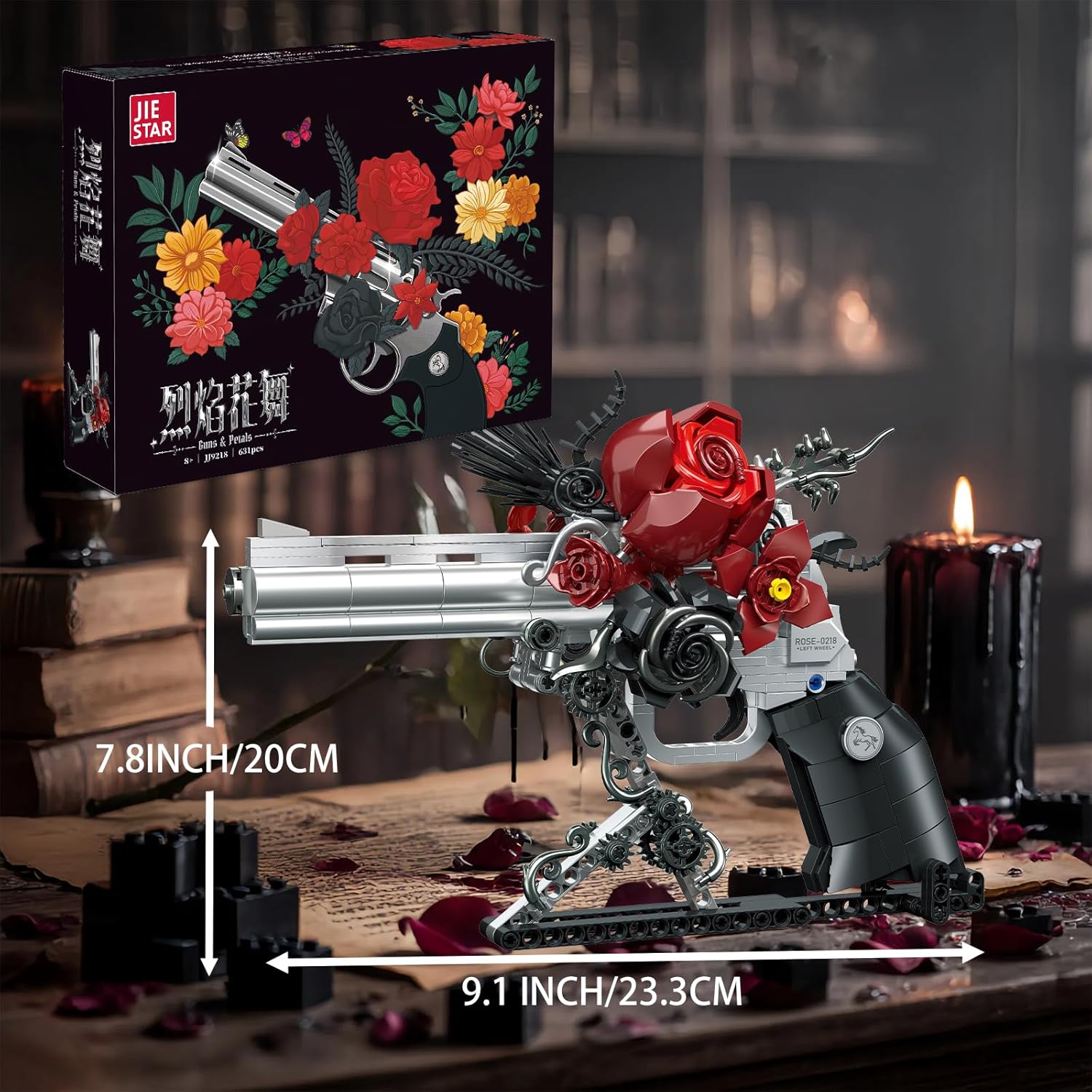 KLOCKI 631 EL GUNS & PETALS REWOLWER Z RÓŻAMI DIY 3D DO SKŁADANIA PREZENT