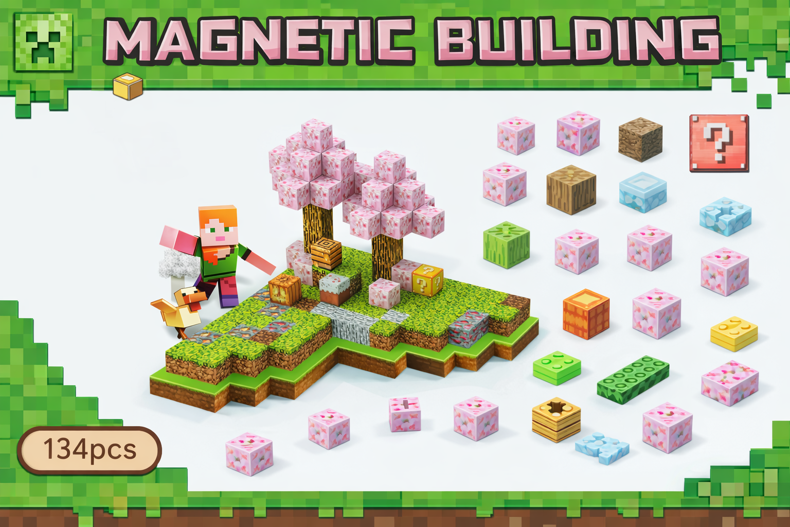KLOCKI MAGNETYCZNE MINECRAFT 134 EL. KONSTRUKTOR PIXEL CUBE DLA DZIECKA