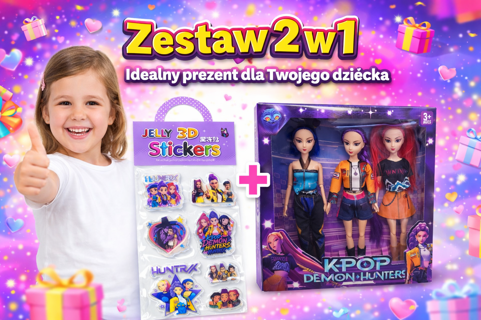 ZESTAW 2W1 KPOP DEMON HUNTERS LALKI 30 CM + NAKLEJKI 3D PREZENT DLA DZIECKA