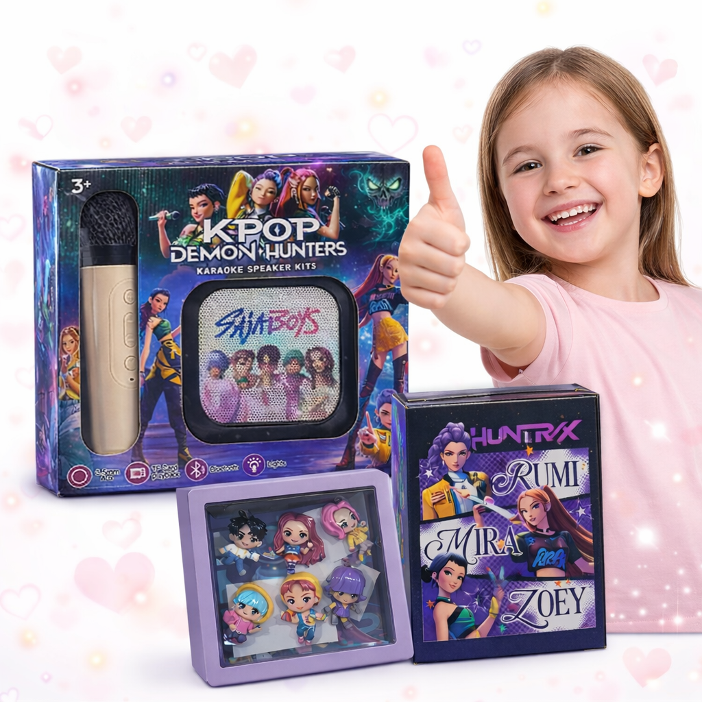 ZESTAW 3W1 KPOP DEMON HUNTERS KARAOKE MIKROFON Z GŁOŚNIKIEM KARTY FIGURKI