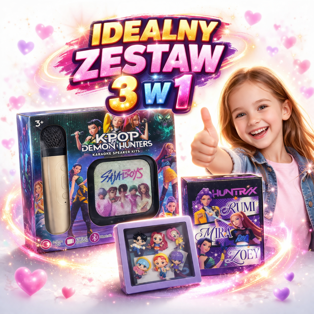 ZESTAW 3W1 KPOP DEMON HUNTERS MIKROFON Z GŁOŚNIKIEM + LALKI + FIGURKI