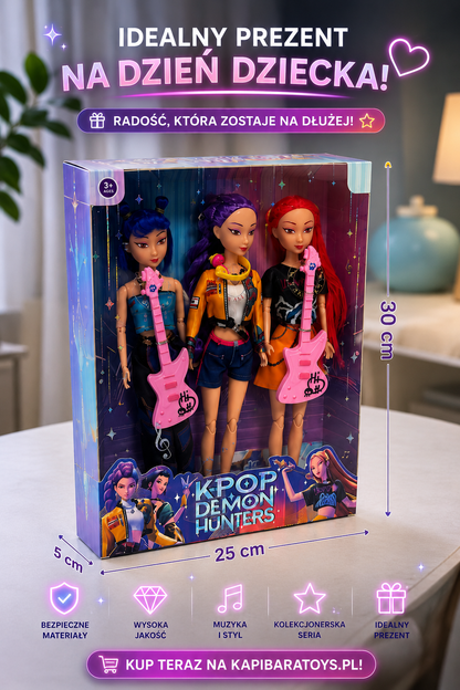 Lalki K-POP Demon Hunters – Rumi, Mira, Zoey | 30 cm | Zestaw 3 śpiewających lalek
