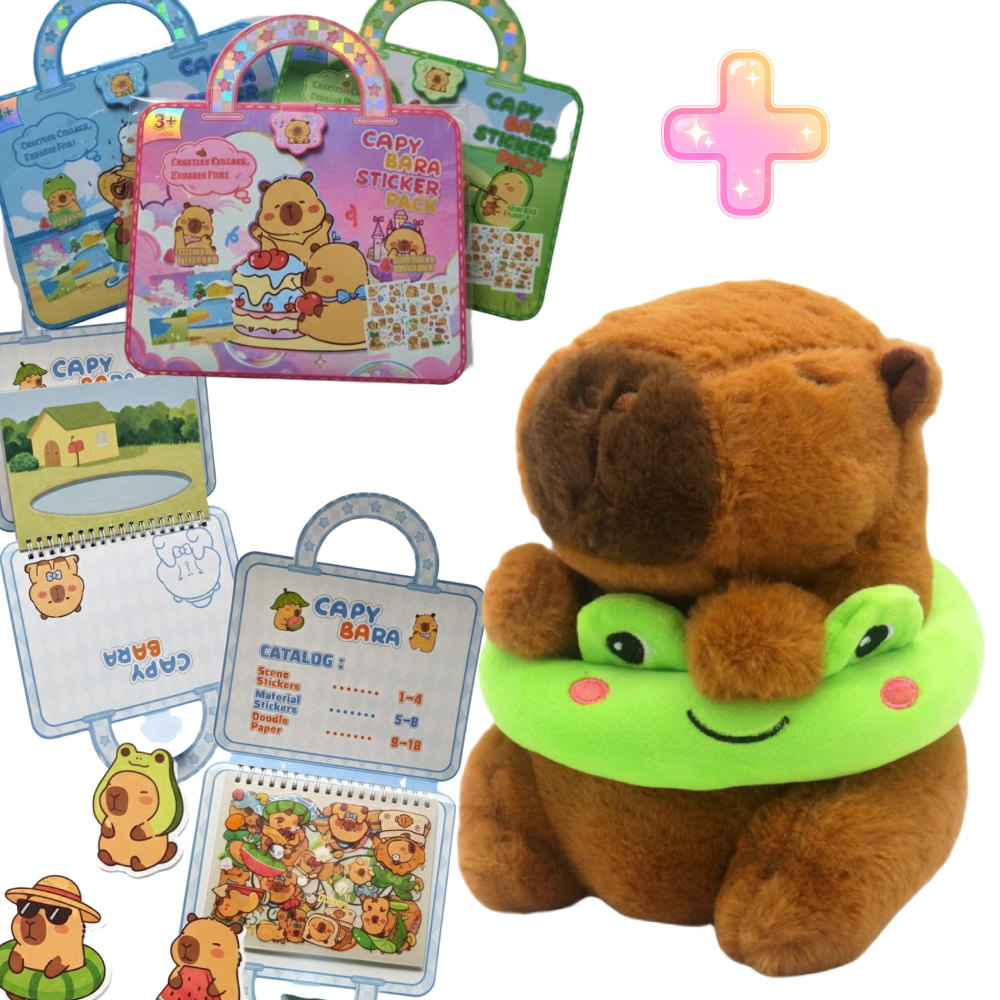 ZESTAW 2W1 CAPYBARA Z ŻABKĄ 20 CM + ALBUM Z NAKLEJKAMI TOREBKA DLA DZIECKA