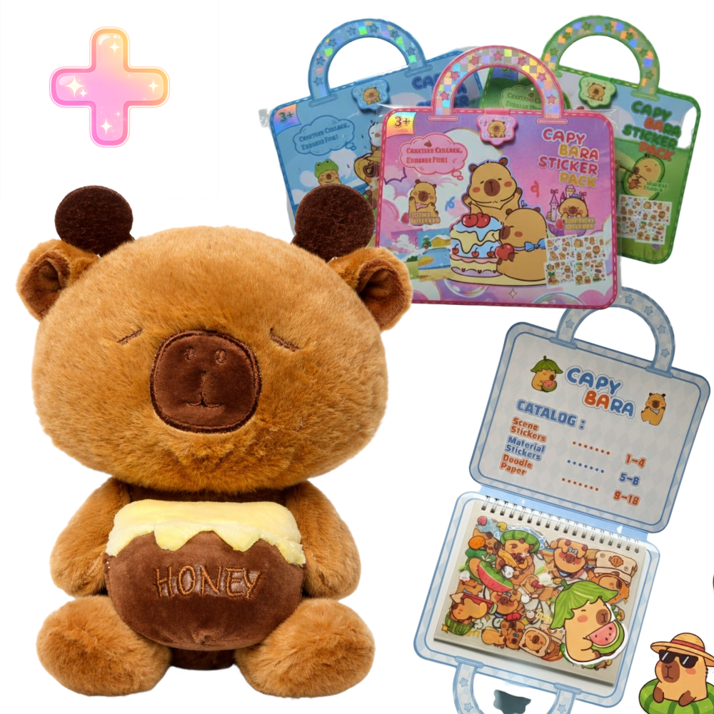 ZESTAW 2W1 PLUSZAK CAPYBARA MIŚ Z MIODEM + ALBUM Z NAKLEJKAMI TOREBKA