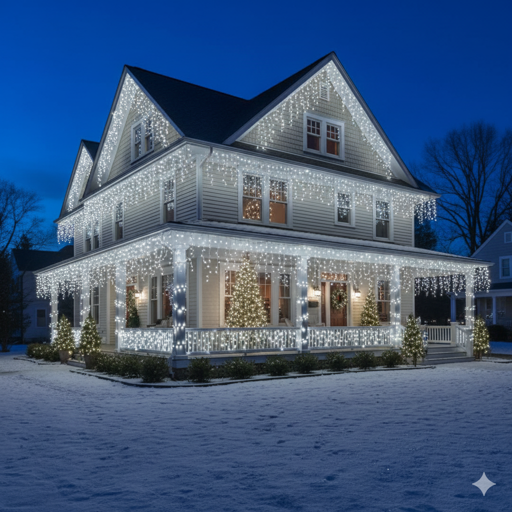 LAMPKI ZEWNĘTRZNE SOPLE  300/500 LED • NEUTRALNA BIEL + FLASH (20/25 M), GIRLANDA SOPLE, GIRLANDA SOPELKI, SOPLE LODU, KURTYNA SOPELKI