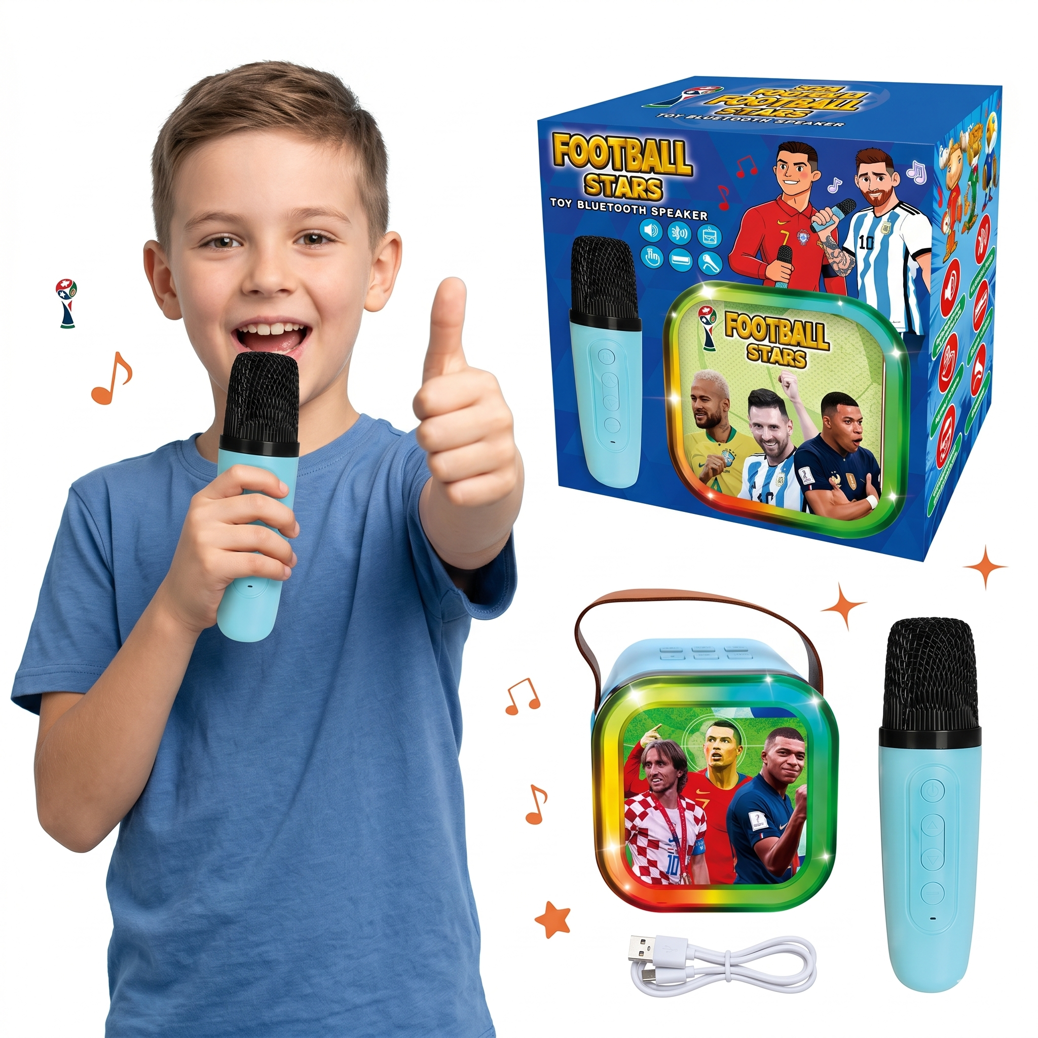 GŁOŚNIK BLUETOOTH DLA DZIECI MIKROFON BEZPRZEWODOWY USB FOOTBALL STARS LED