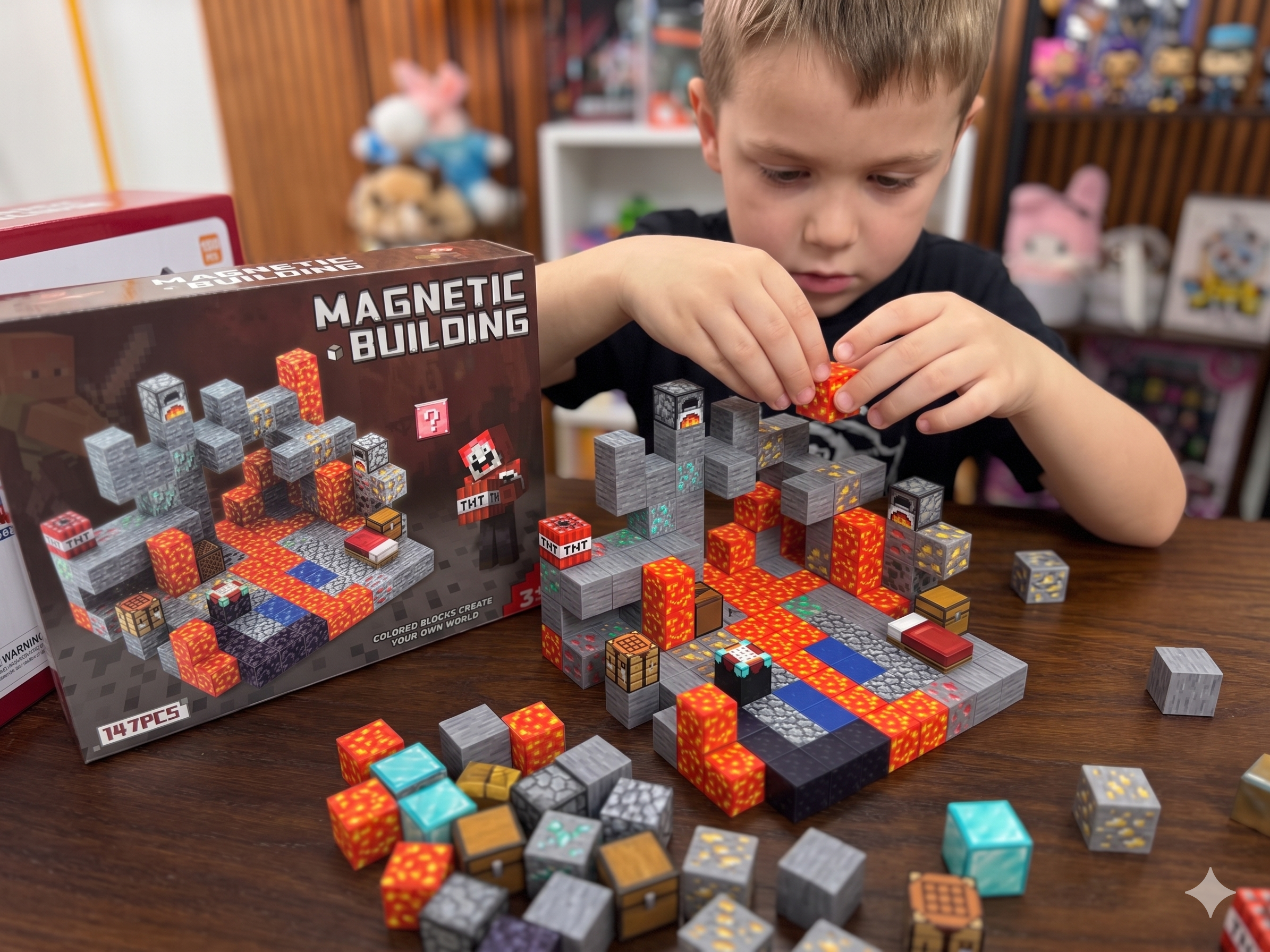 KONSTRUKTOR MAGNETYCZNY MINECRAFT JASKINIA Z LAWĄ 147 EL KLOCKI 3D ZABAWKA