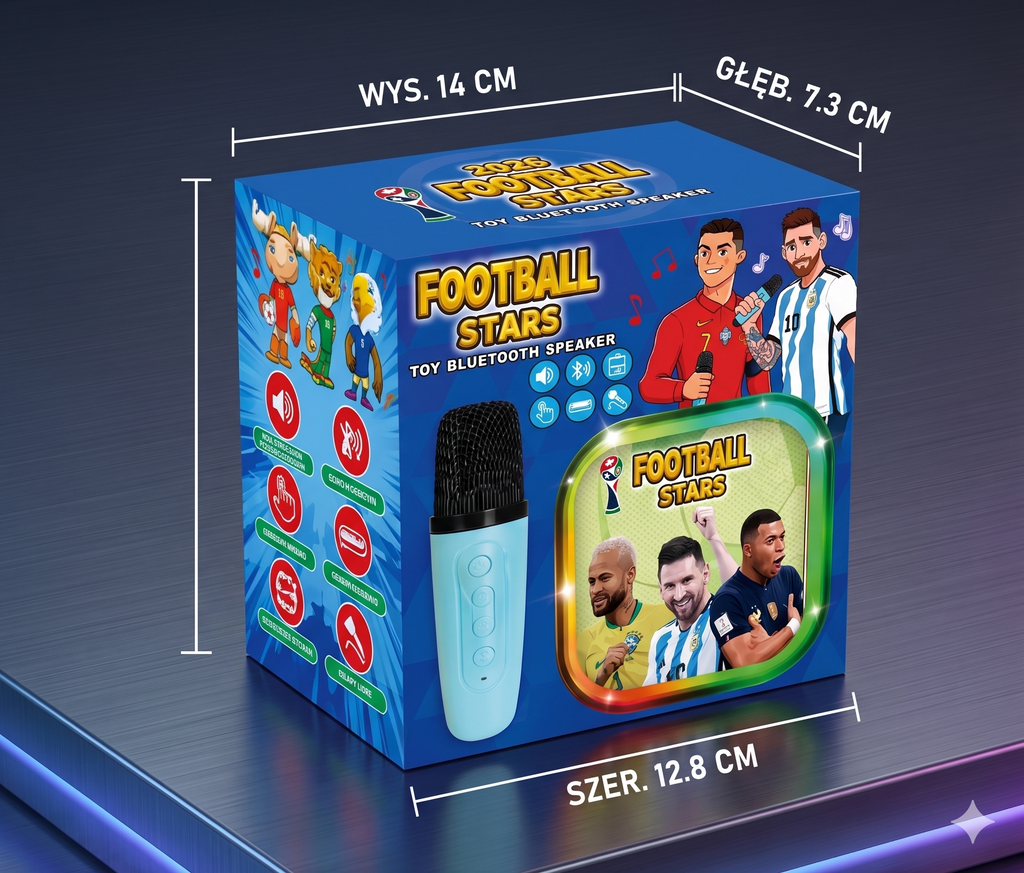 GŁOŚNIK BLUETOOTH DLA DZIECI MIKROFON BEZPRZEWODOWY USB FOOTBALL STARS LED