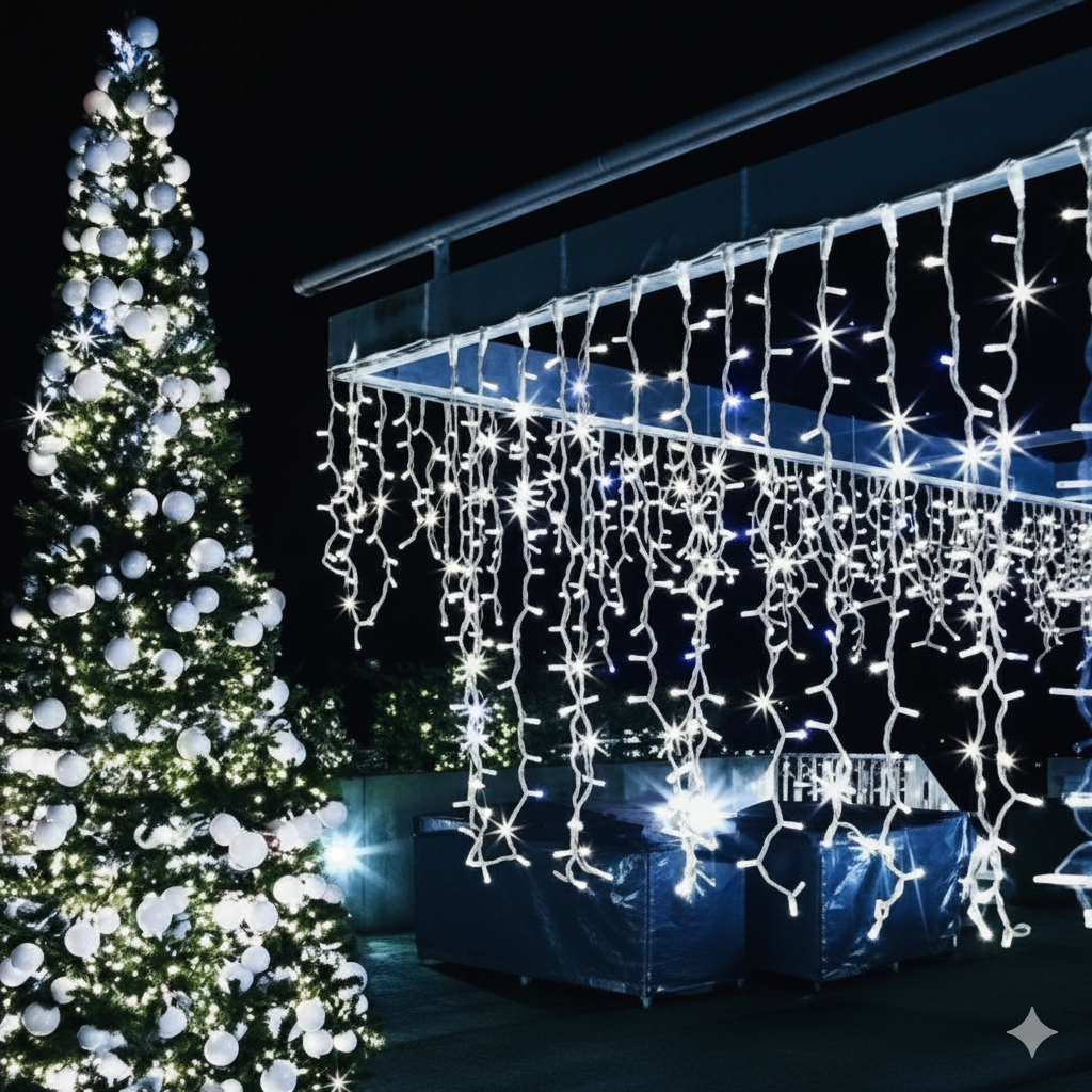 LAMPKI ZEWNĘTRZNE SOPLE  300/500 LED • NEUTRALNA BIEL + FLASH (20/25 M), GIRLANDA SOPLE, GIRLANDA SOPELKI, SOPLE LODU, KURTYNA SOPELKI