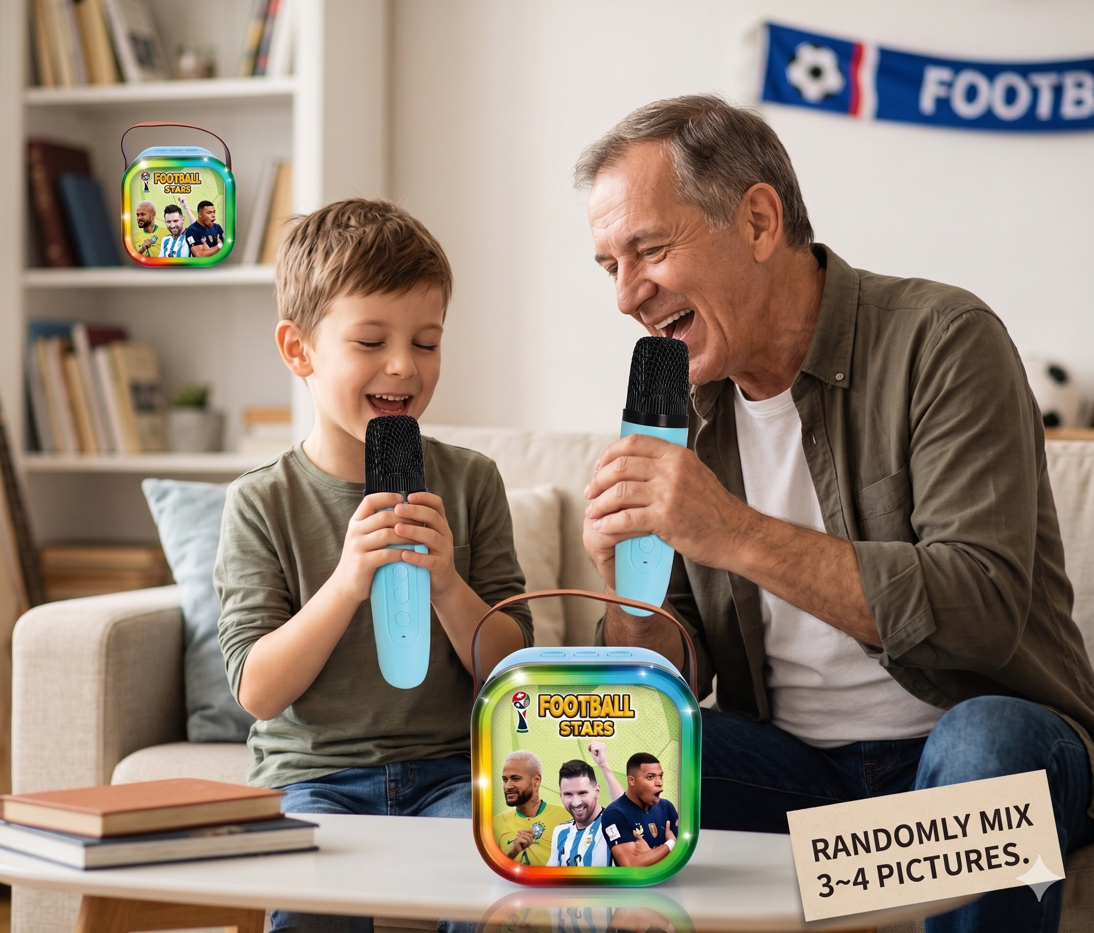 GŁOŚNIK BLUETOOTH DLA DZIECI MIKROFON BEZPRZEWODOWY USB FOOTBALL STARS LED