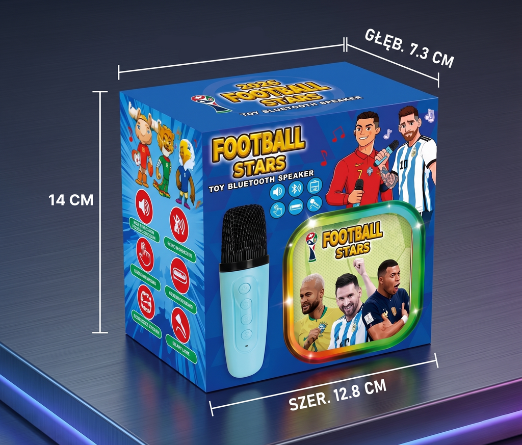 GŁOŚNIK BLUETOOTH DLA DZIECI MIKROFON BEZPRZEWODOWY USB FOOTBALL STARS LED