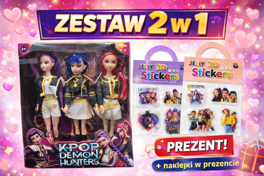 ZESTAW 3 LALEK KPOP DEMON HUNTERS 30 CM + LOSOWE NAKLEJKI DLA DZIECKA