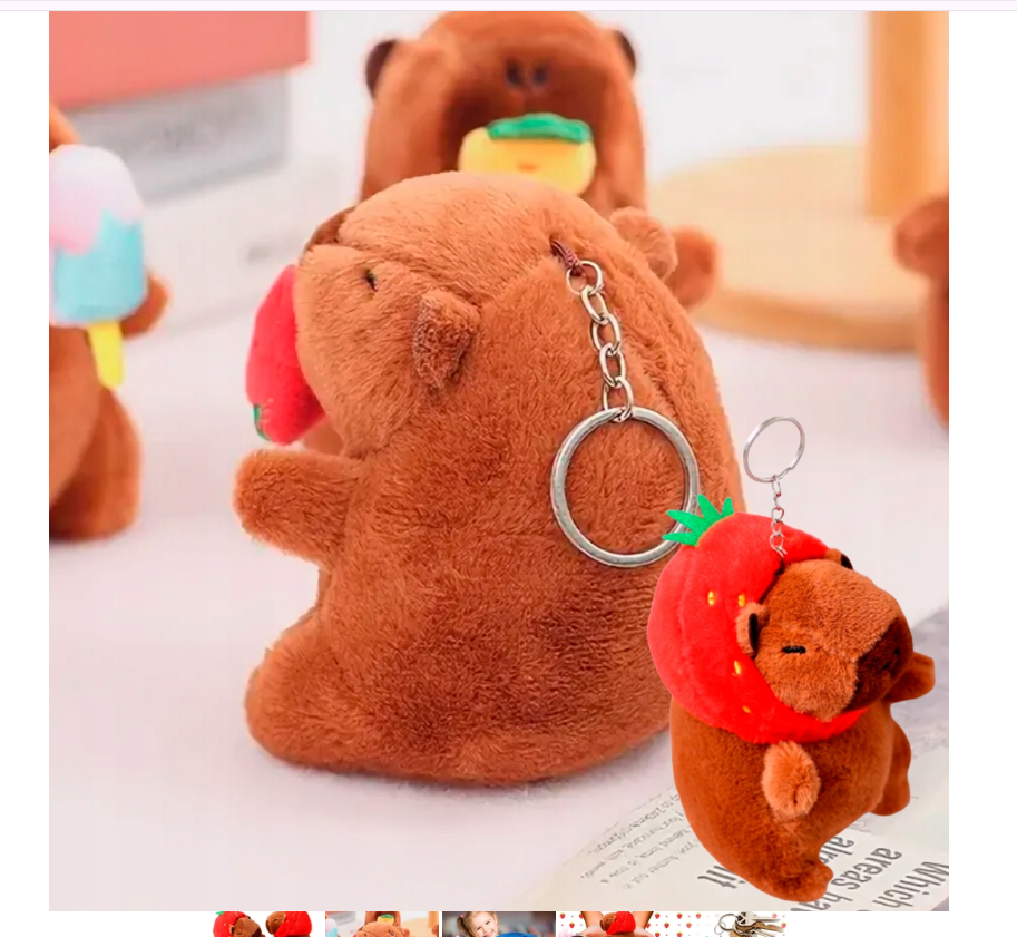 MASKOTKA KAPIBARA PLUSZAK KAPIBARA Z CZAPKĄ TRUSKAWKĄ BRELOCZEK DO KLUCZY