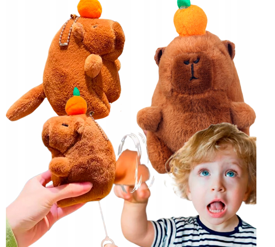 MASKOTKA PLUSZOWA PLUSZAK KAPIBARA Z MECHANIZMEM NAKRĘCAJĄCYM BRELOK 12 CM