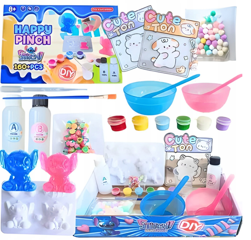 ZESTAW LILO I STITCH HAPPY PINCH 160PCS, ŻEL A+B, GNIOTEK, SQUISHY ŁAPKA