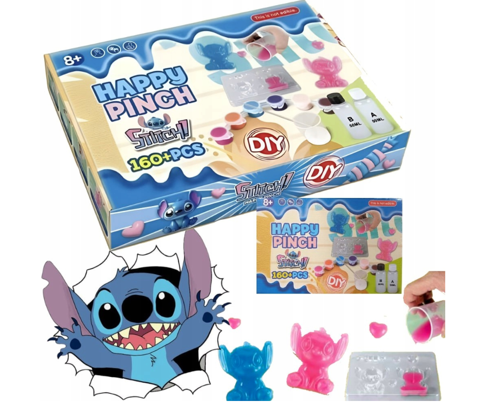 ZESTAW LILO I STITCH HAPPY PINCH 160PCS, ŻEL A+B, GNIOTEK, SQUISHY ŁAPKA