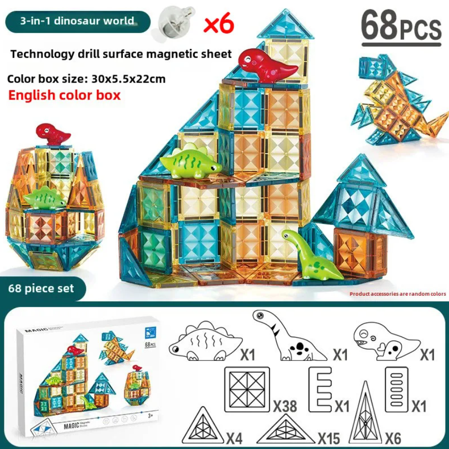 MAGNETYCZNY KONSTRUKTOR "ŚWIAT DINOZAURÓW" (68 ELEMENTÓW)  MEGA HIT