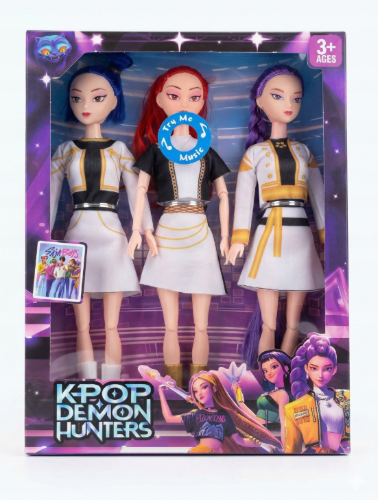 KPOP DEMON HUNTERS ZESTAW LALKI MUZYCZNE 30 CM + NAKLEJKI 3D 2W1