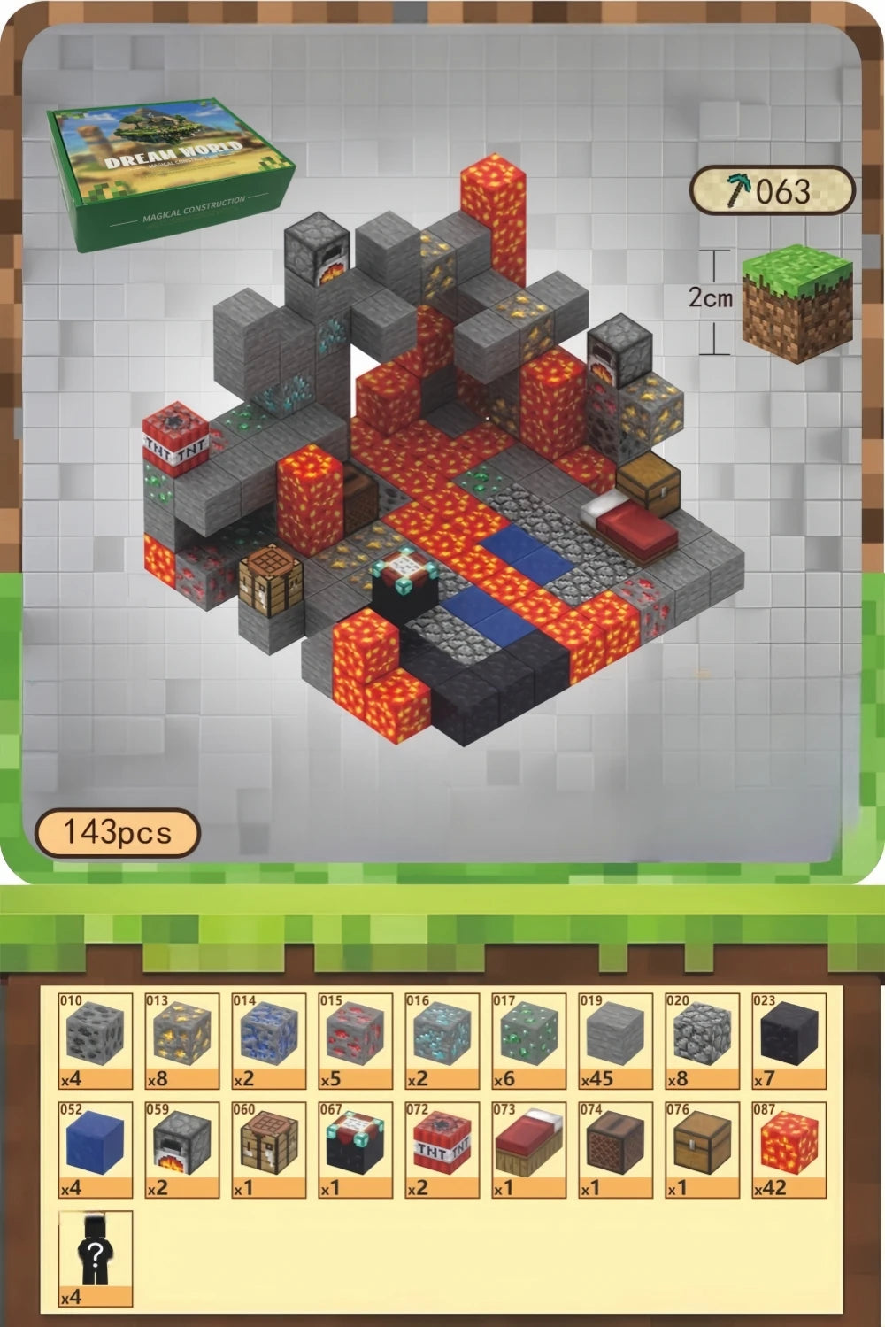 KONSTRUKTOR MAGNETYCZNY MINECRAFT JASKINIA Z LAWĄ 147 EL KLOCKI 3D ZABAWKA