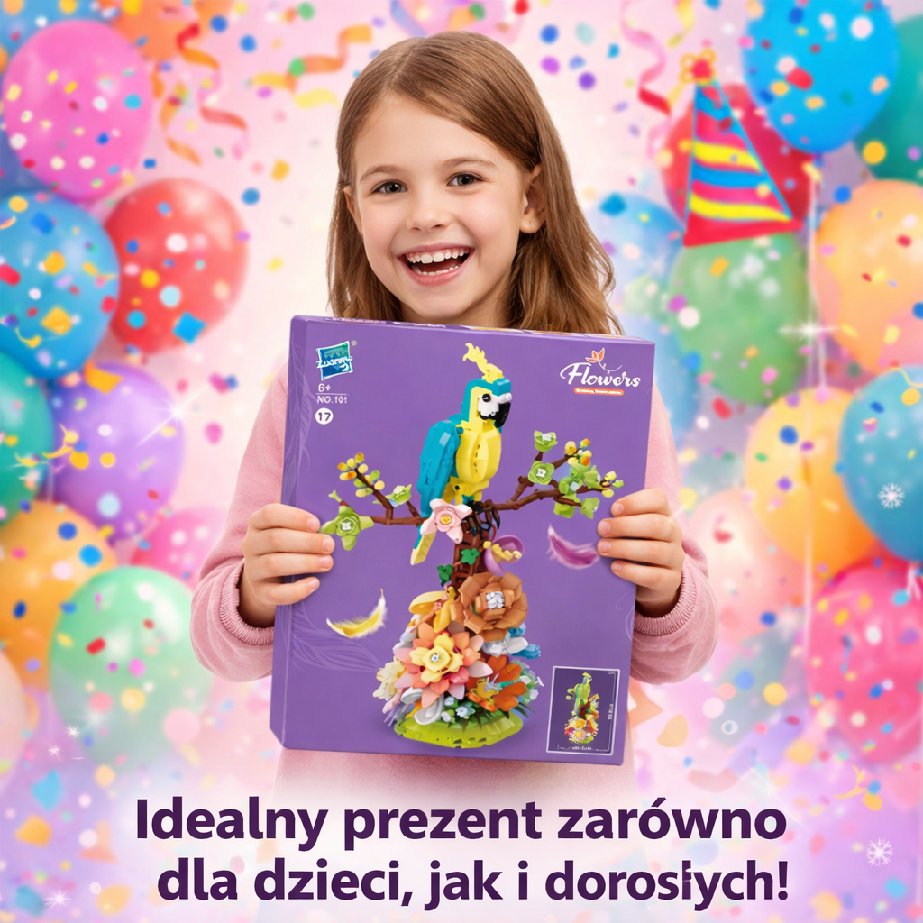 KLOCKI PAPUGA NA KWIATACH 1162 EL. ZESTAW DEKORACYJNY FLOWERS KONSTRUKTOR