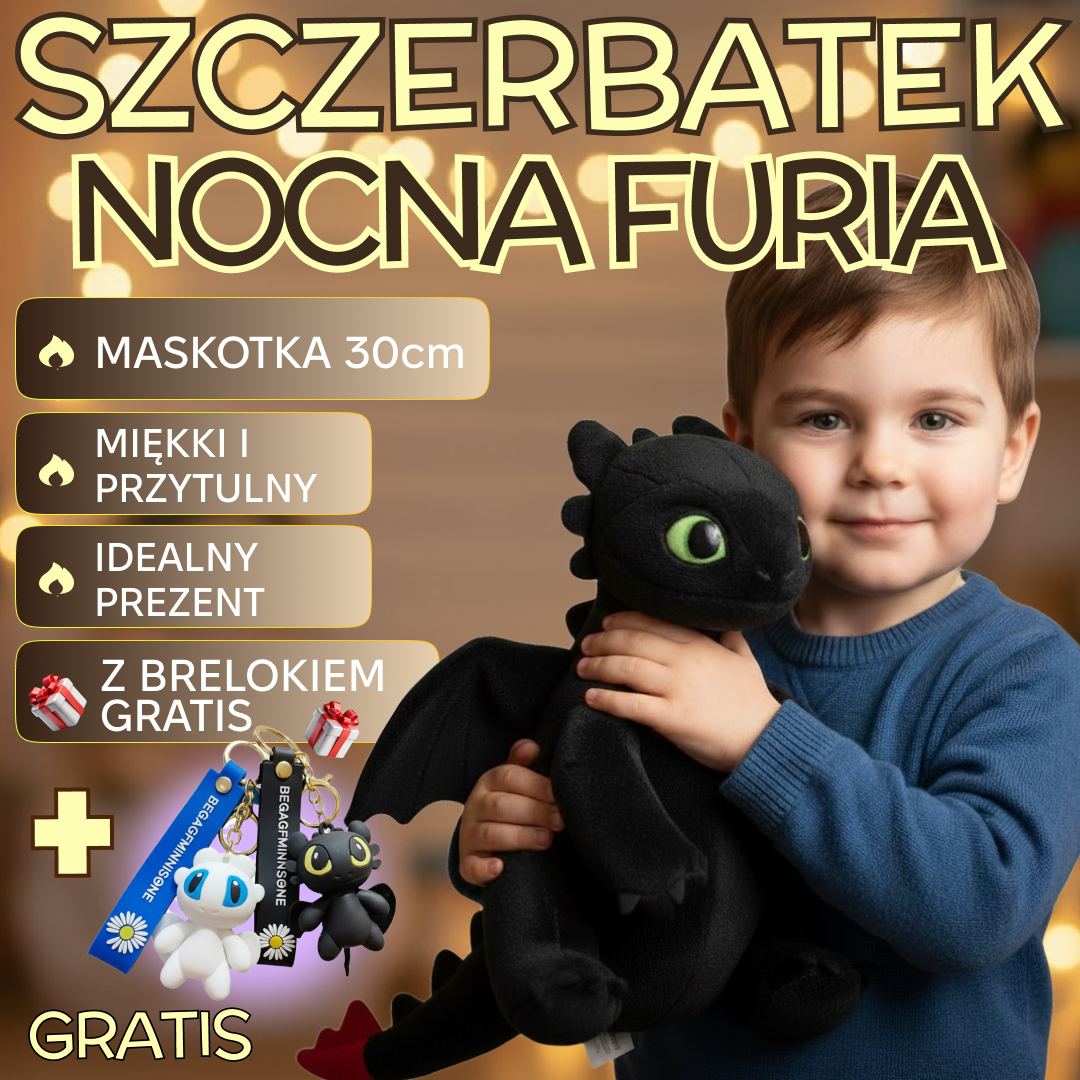 SZCZERBATEK NOCNA FURIA MASKOTKA 30cm DRAGON JAK WYTRESOWAĆ SMOKA BRELOK PREZENT