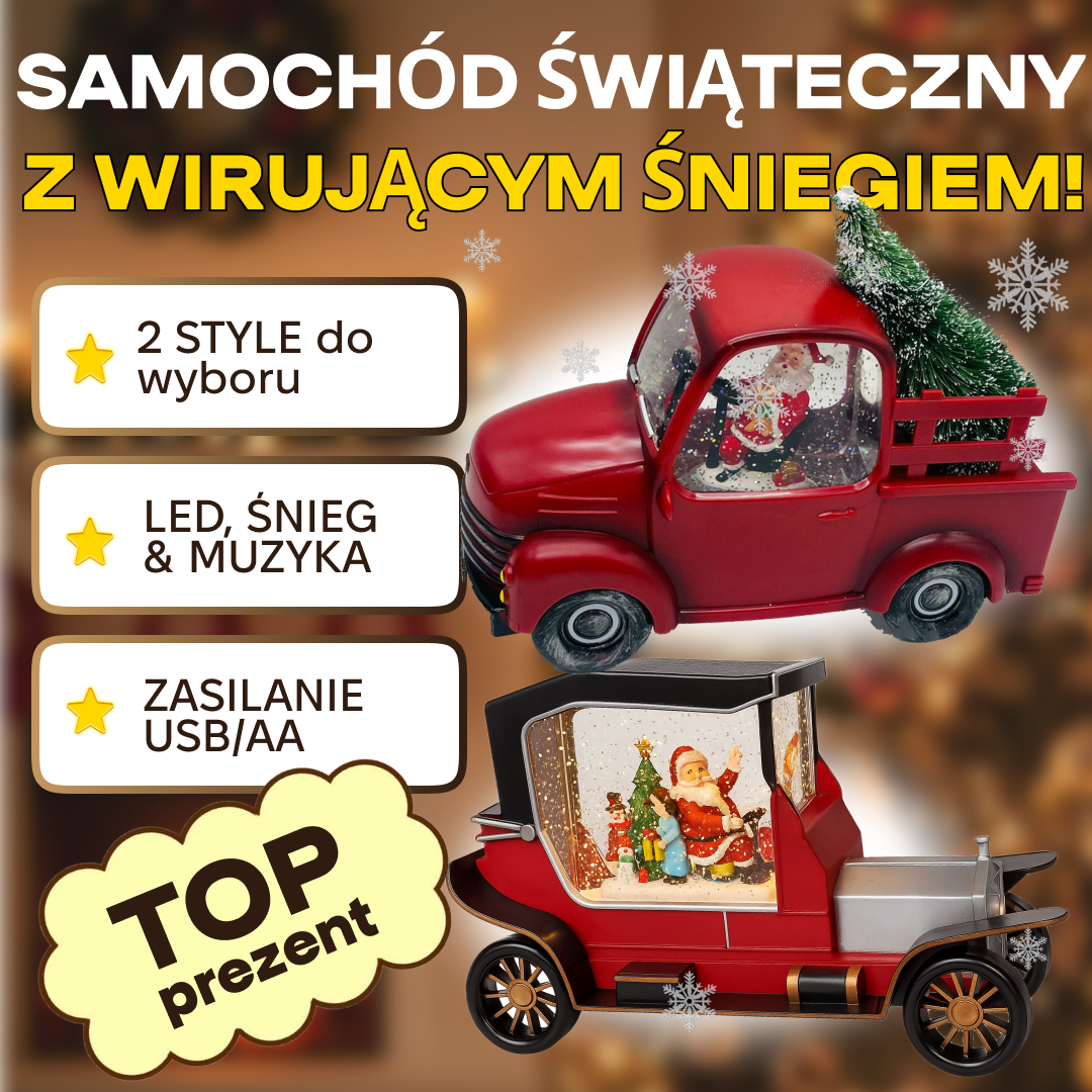 ŚWIĄTECZNY SAMOCHÓD LED ZE ŚNIEŻNĄ ZAMIECIĄ I MUZYKĄ